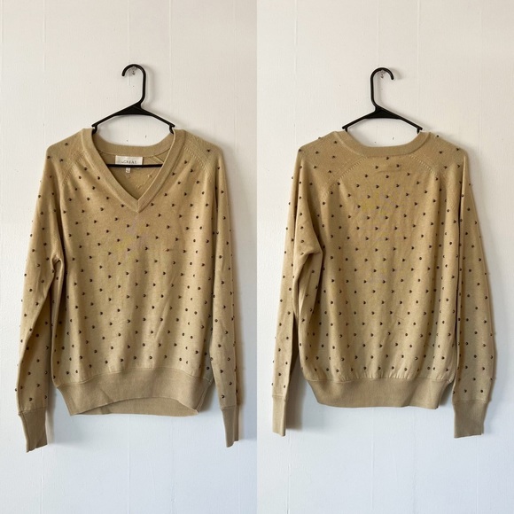 THE GREAT. Neutral Studded Polka Dot V-Neck Cozy Sweater - Picture 3 of 9